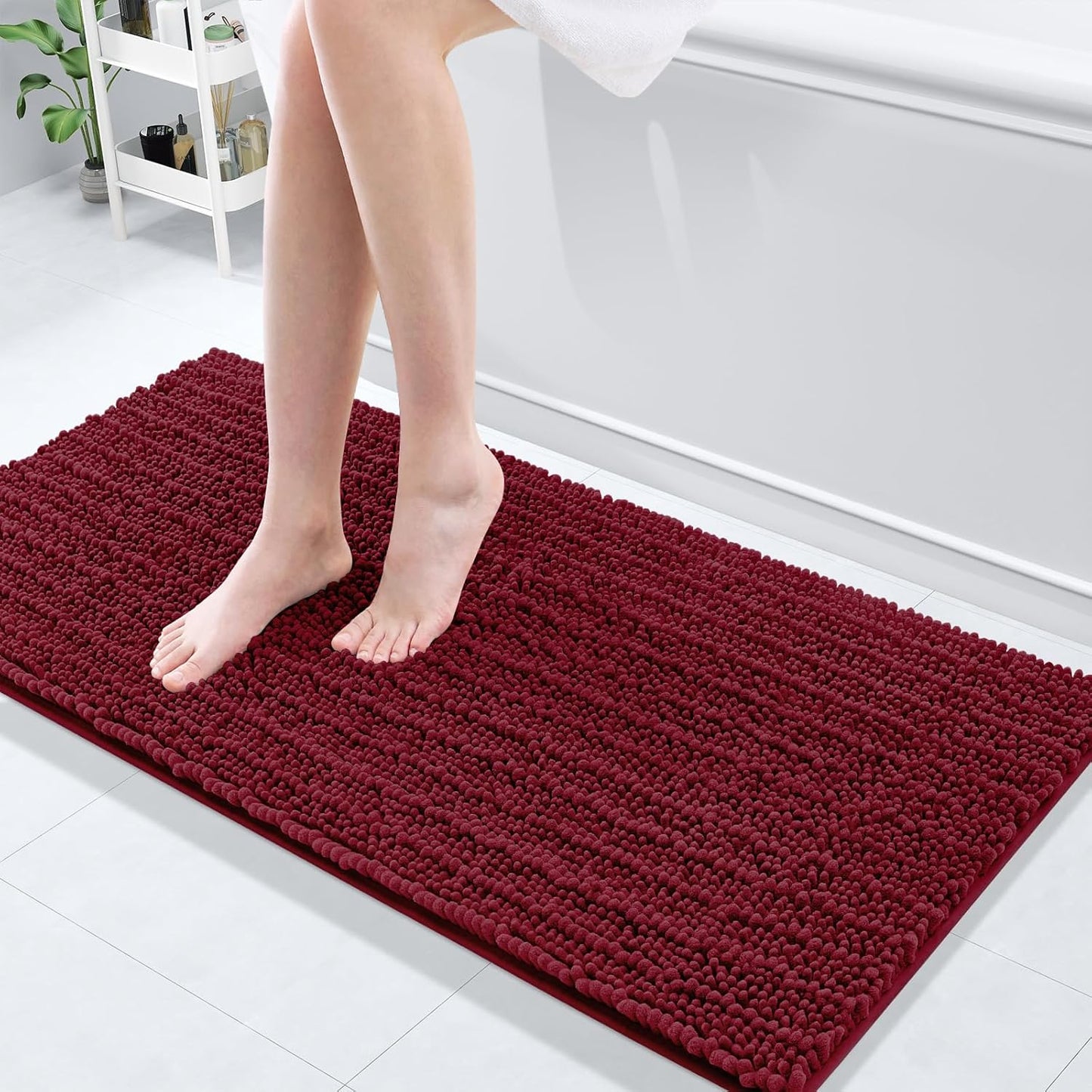 Arotive Luxury Chenille Bathroom Rug Mat, Extra Soft Thick Absorbent Shaggy Bath Rugs, Non-Slip Machine Wash Dry, Plush Bath Mats for Bathroom, Shower and Tub, 47x17, Burgundy