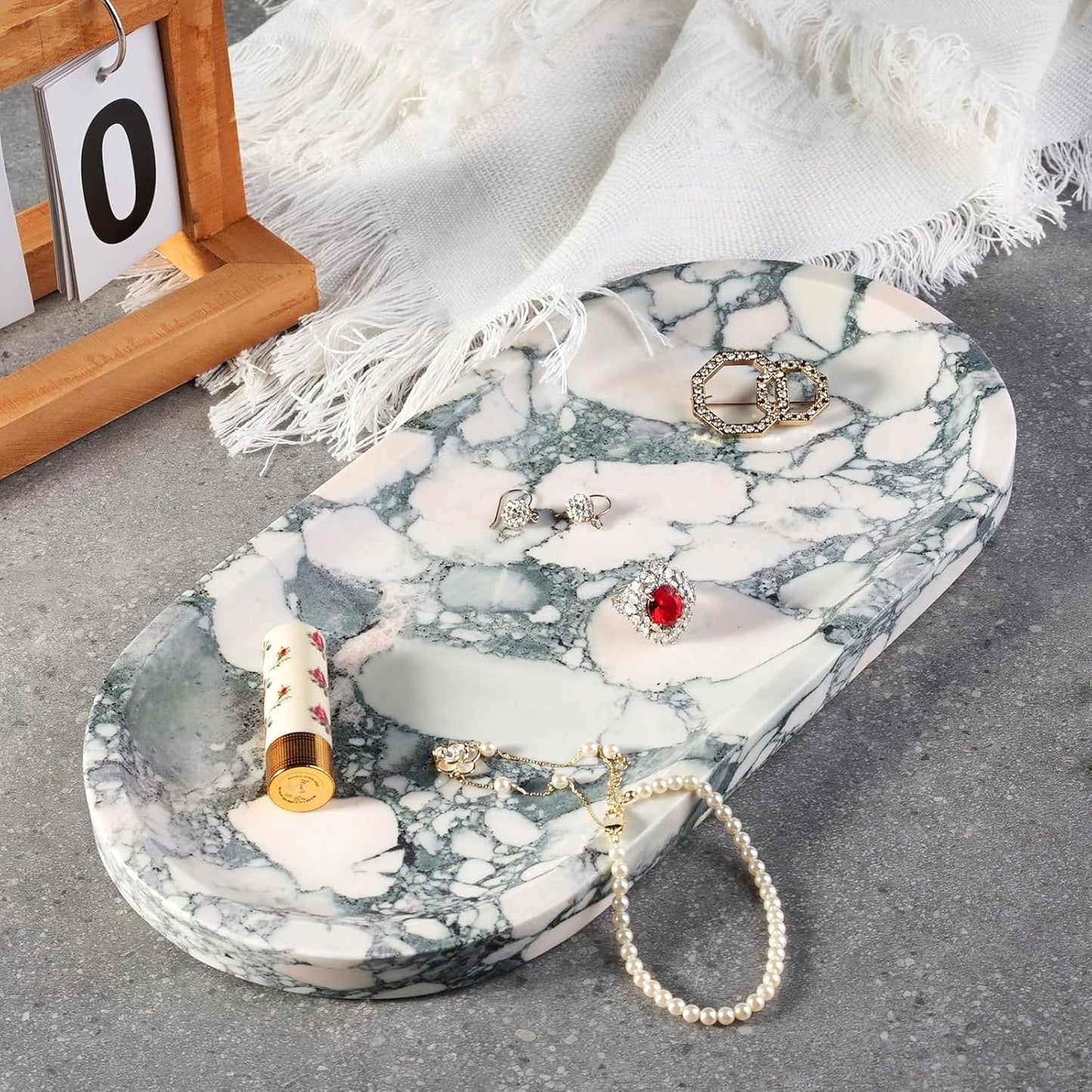 Koville Natural Marble Tray for Bathroom Countertop, Marble Vanity Trays for Perfume, Cosmetics, Jewelry, Decorative Tray for Dresser Organizer, Stone Storage Trays for Bathroom Decor(Grey)