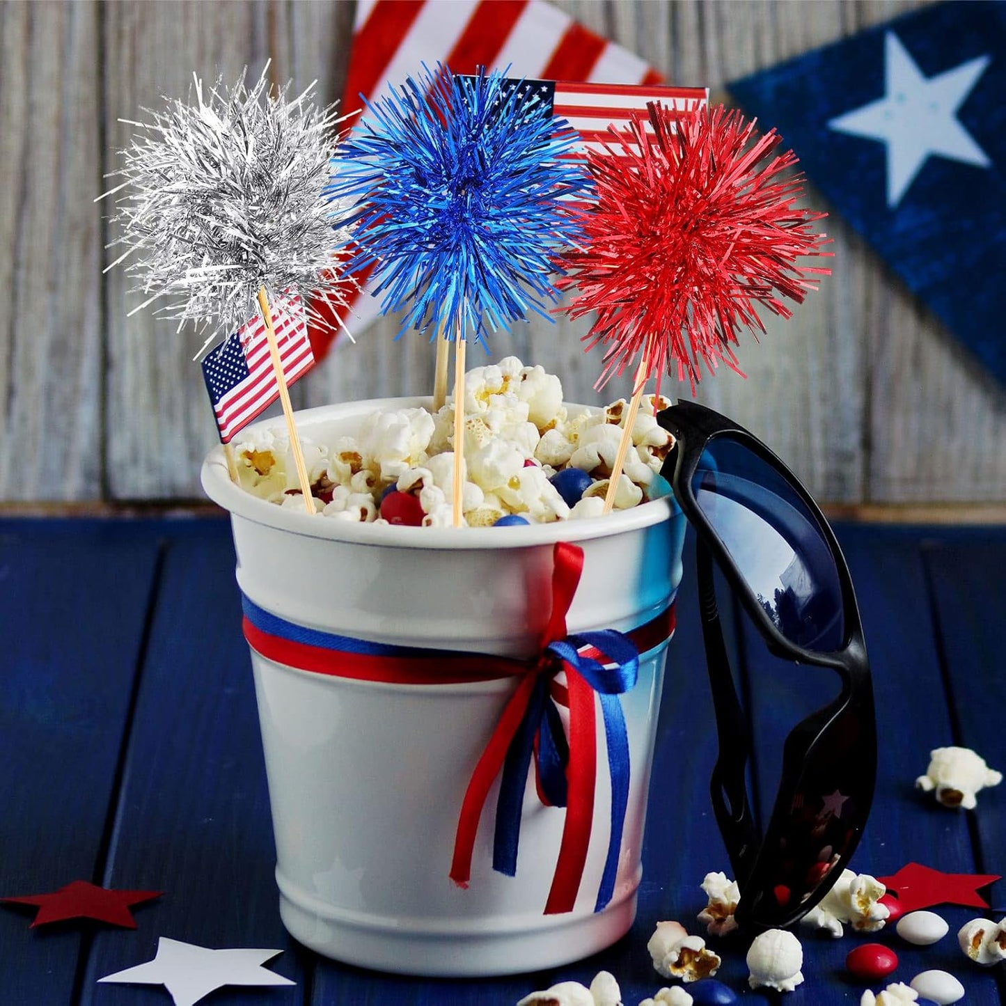 Chinco 100 Pcs Foil Firework Cupcake Toppers Sparkle Tinsel Cake Toppers Cake Decoration Cocktail Fruit Toothpick for Birthday Wedding Graduation Party(Silver, Red, Blue)