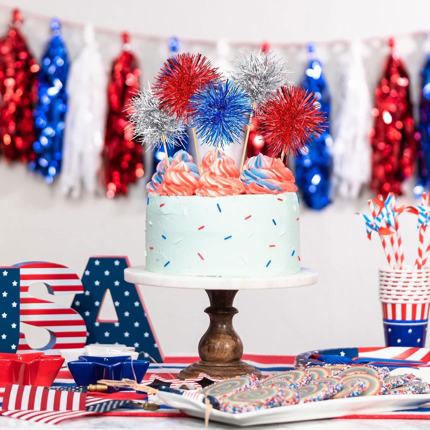 Chinco 100 Pcs Foil Firework Cupcake Toppers Sparkle Tinsel Cake Toppers Cake Decoration Cocktail Fruit Toothpick for Birthday Wedding Graduation Party(Silver, Red, Blue)