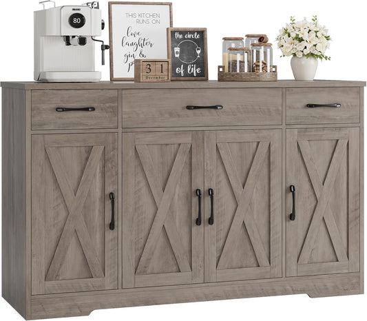 HOSTACK Buffet Sideboard Cabinet with Drawers, 55" Large Buffet Storage Cabinet with Shelves and Doors, Modern Farmhouse Coffee Bar Station for Kitchen, Dining Room, Ash Grey