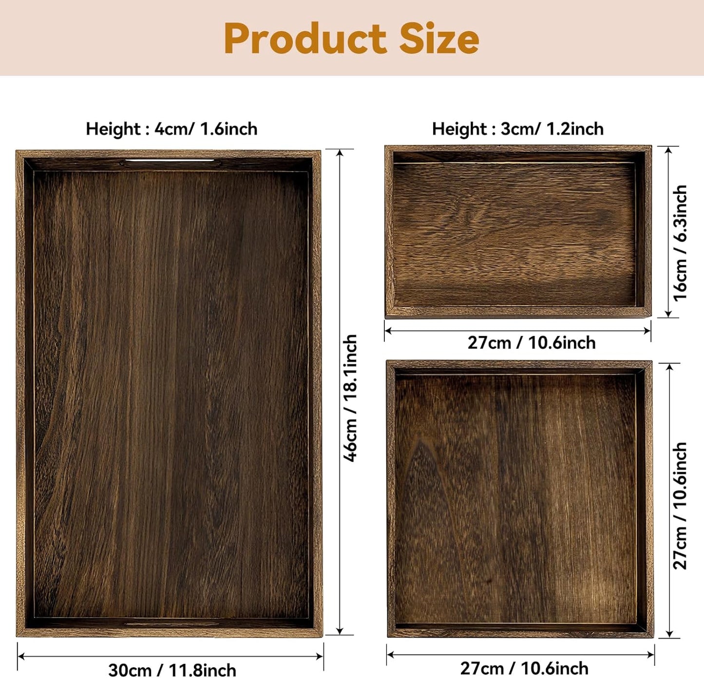 Rustic Wooden Serving Trays with Handle, Serving Platters, Charcuterie Board Set of 3 Nesting Food Trays for Serving Food, Home Decor/Breakfast/Coffee Table/Butler/Ottoman/Bed Tray