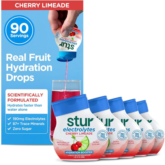 Stur Electrolyte Water Enhancer | Sweetened with Stevia | High in Vitamin C & Antioxidants | Sugar Free | Zero Calories | Keto | Vegan | 5 Bottles, Makes 90 Drinks (Cherry Limeade)