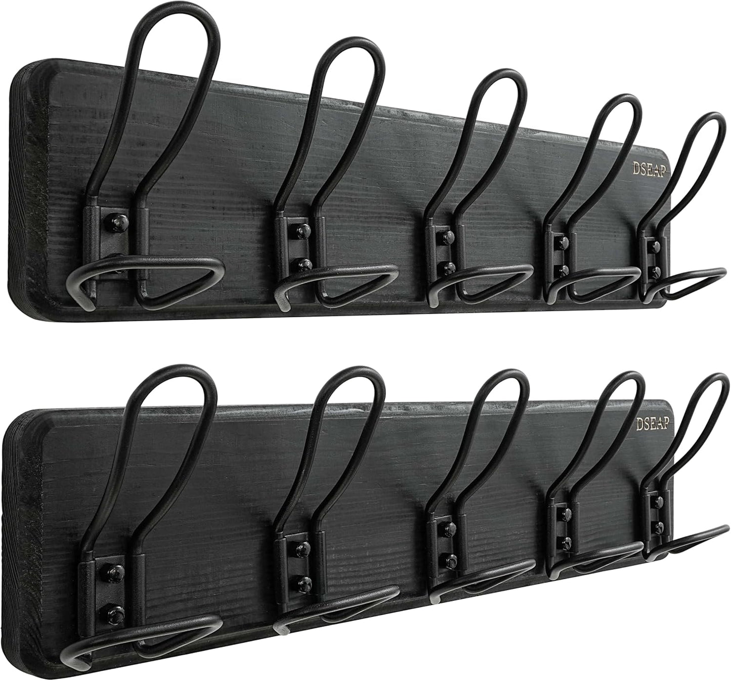 Dseap Coat Rack Wall Mounted - Heavy Duty Farmhouse Rustic Wall Coat Hanger with 5 Wire Hooks for Clothes Hat Jacket Towel, RusticWire, G25A, Black, Pack of 2