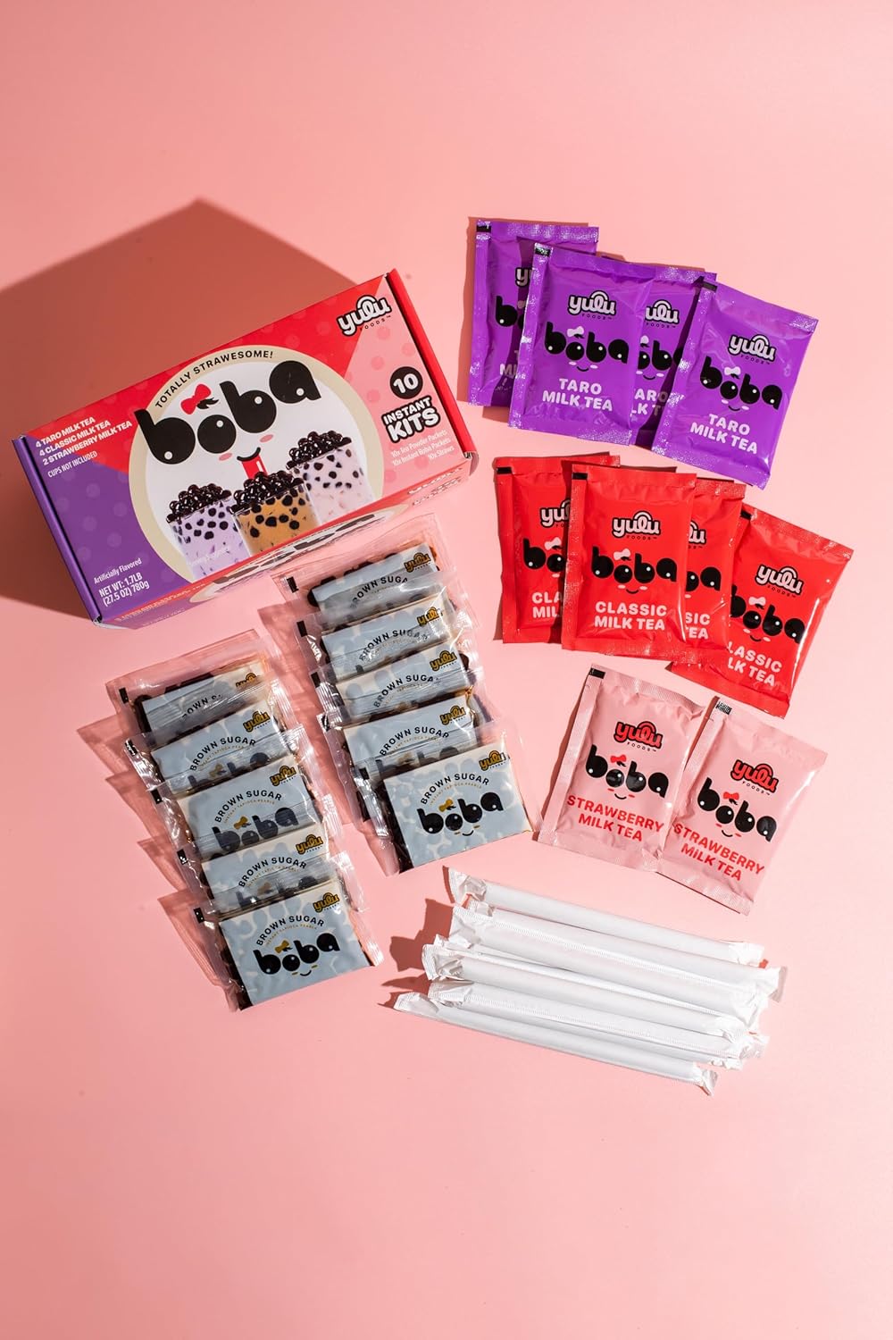Boba Bundle Kit 10 Serv. Instant Bubble Pearl Variety Milk Tea Kit with Authentic Brown Sugar Tapioca Pearls by Yulu Foods - Ready in Under 1 Minute, Includes Paper Straws - Gift Box, Holiday (Classic, Taro and Strawberry)