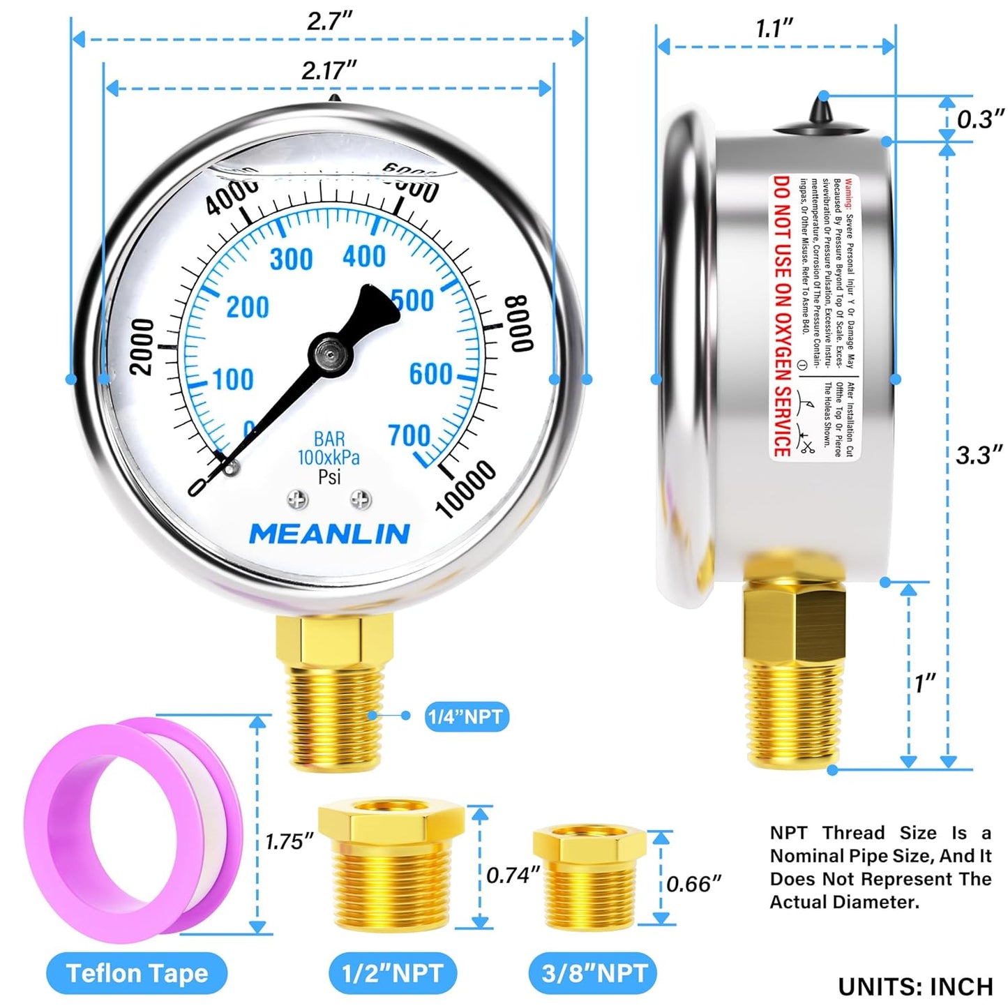 MEANLIN MEASURE 0~10000Psi Stainless Steel 1/4" NPT 2.5" FACE DIAL Liquid Filled Pressure Gauge WOG Water Oil Air Lower Mount, with 1/2" NPT and 3/8" NPT Hex Bushing