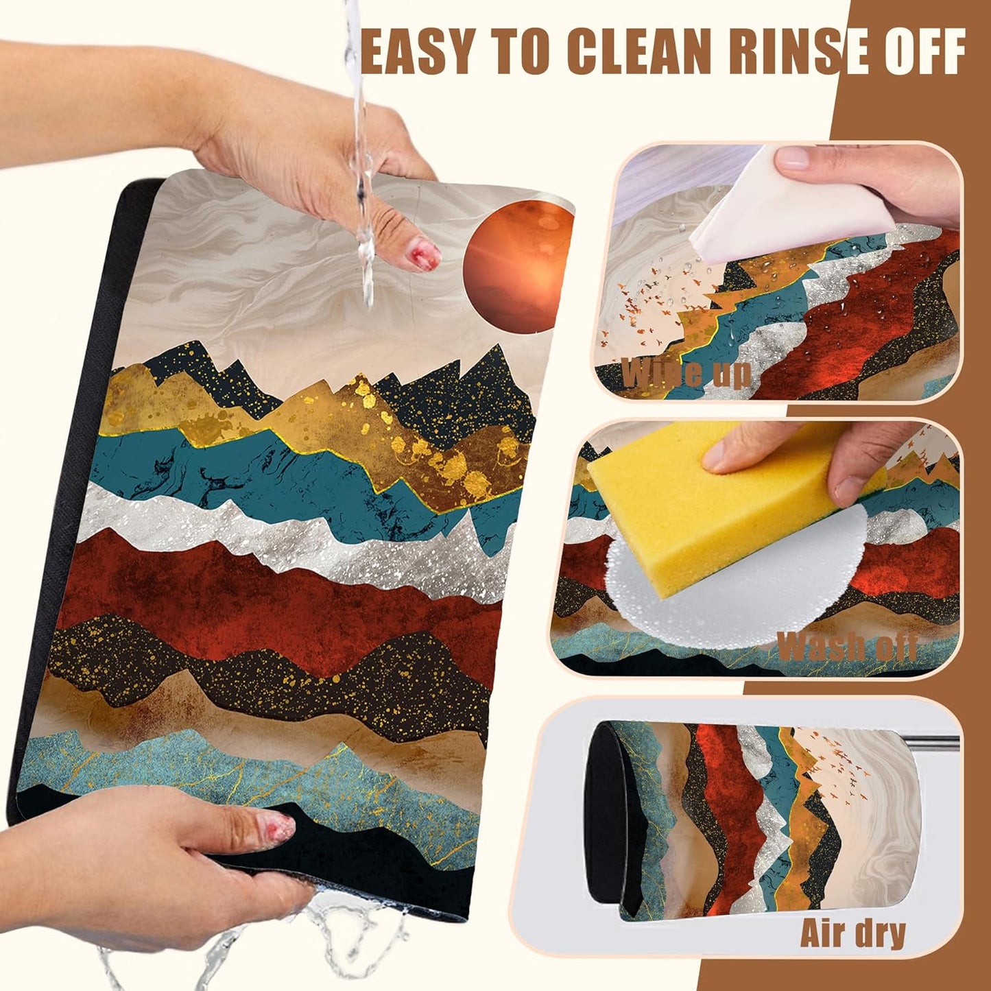 Abstract Golden Mountains Coffee Mat Absorbent Dish Drying Mat for Kitchen Counter Hide Stain Rubber Backed Coffee Bar Accessories Fit Under Espresso Machine Dish Drainer, 11.8 x 19.7 Inch