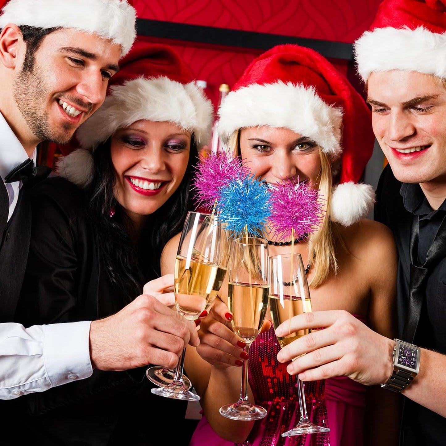 Chinco 100 Pcs Foil Firework Cupcake Toppers Sparkle Tinsel Cake Toppers Cake Decoration Cocktail Fruit Toothpick for Birthday Wedding Graduation Party(Pink, Light Blue)