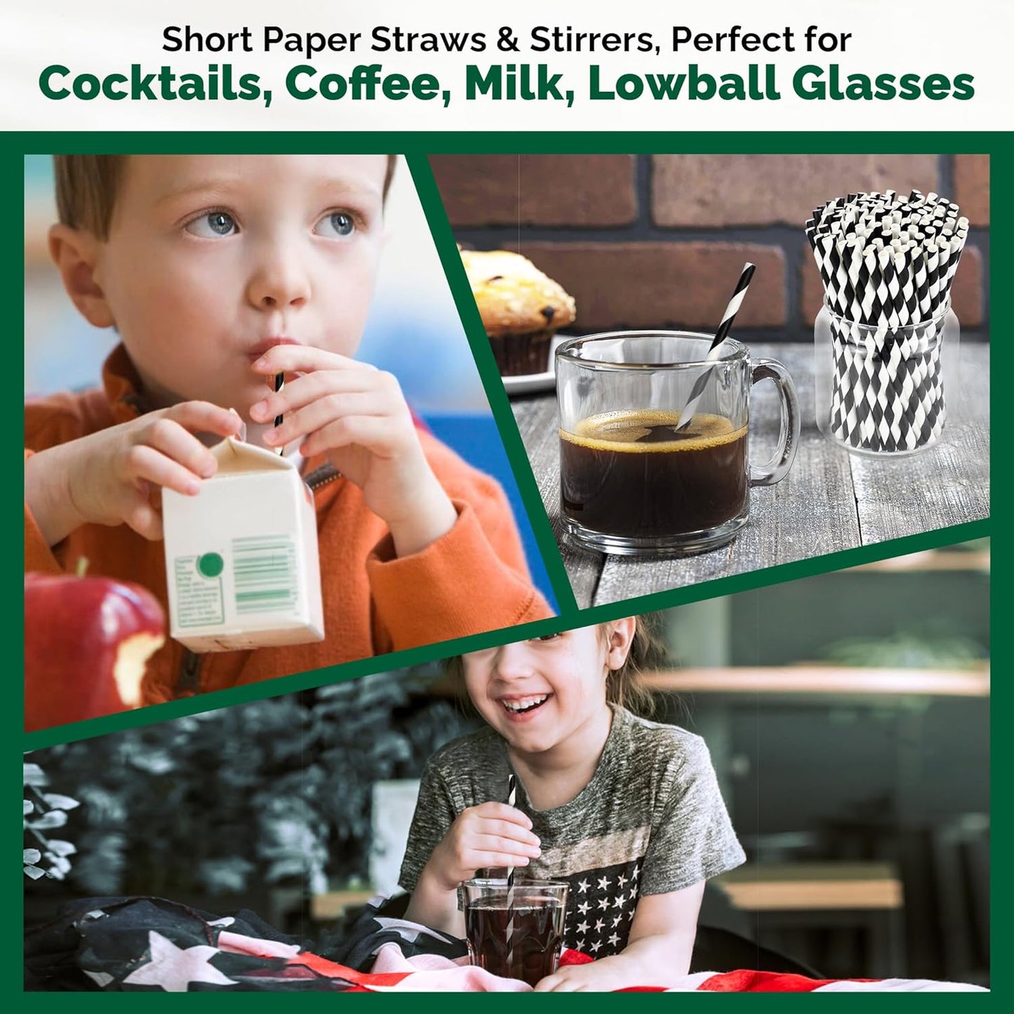 [500 Counts] Chunspak 5.75 inch Eco-friendly Disposable Short Paper Drinking Straws Bulk for Cocktail, Mixed Drinks - Black White Striped