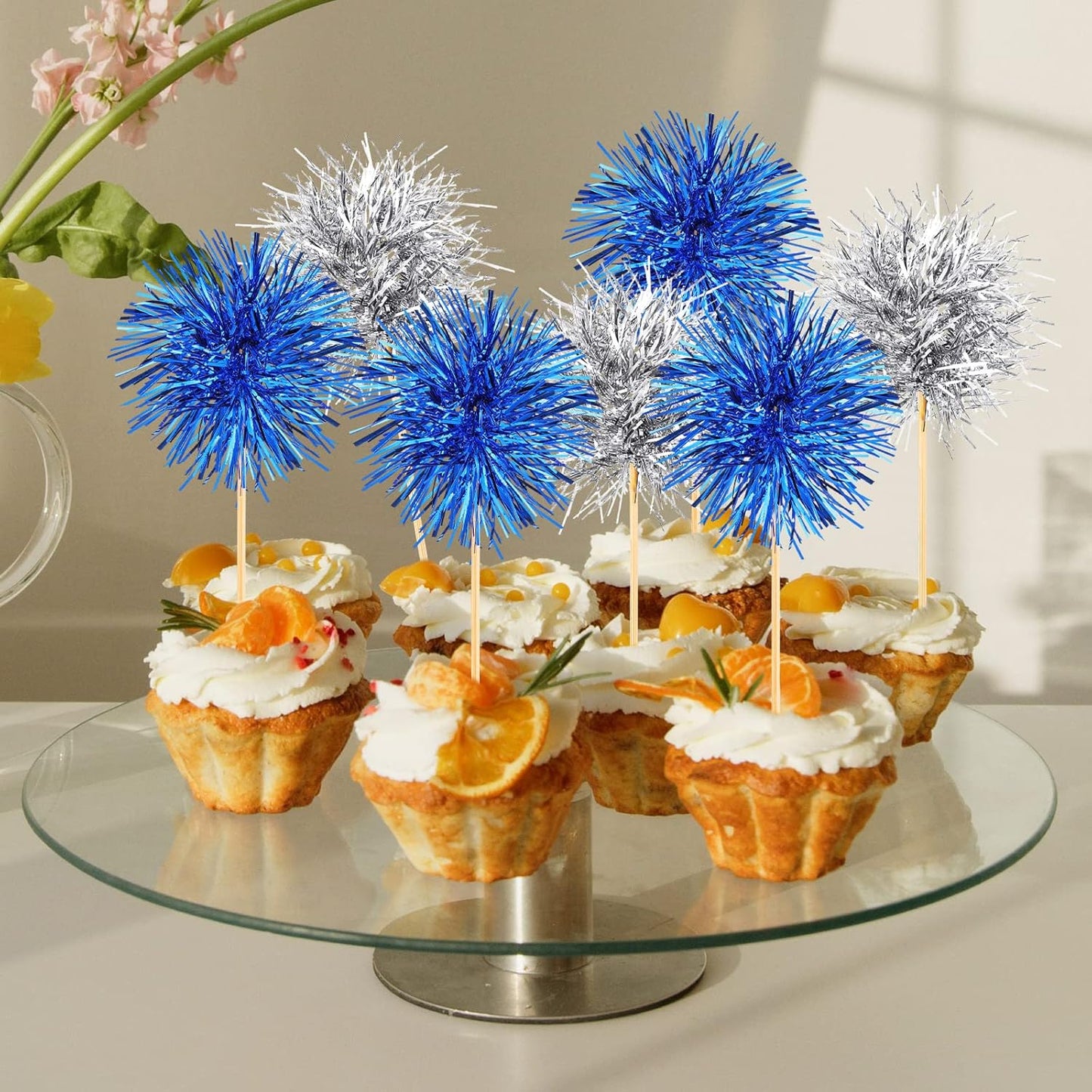Chinco 100 Pcs Foil Firework Cupcake Toppers Sparkle Tinsel Cake Toppers Cake Decoration Cocktail Fruit Toothpick for Birthday Wedding Graduation Party(Silver, Blue)