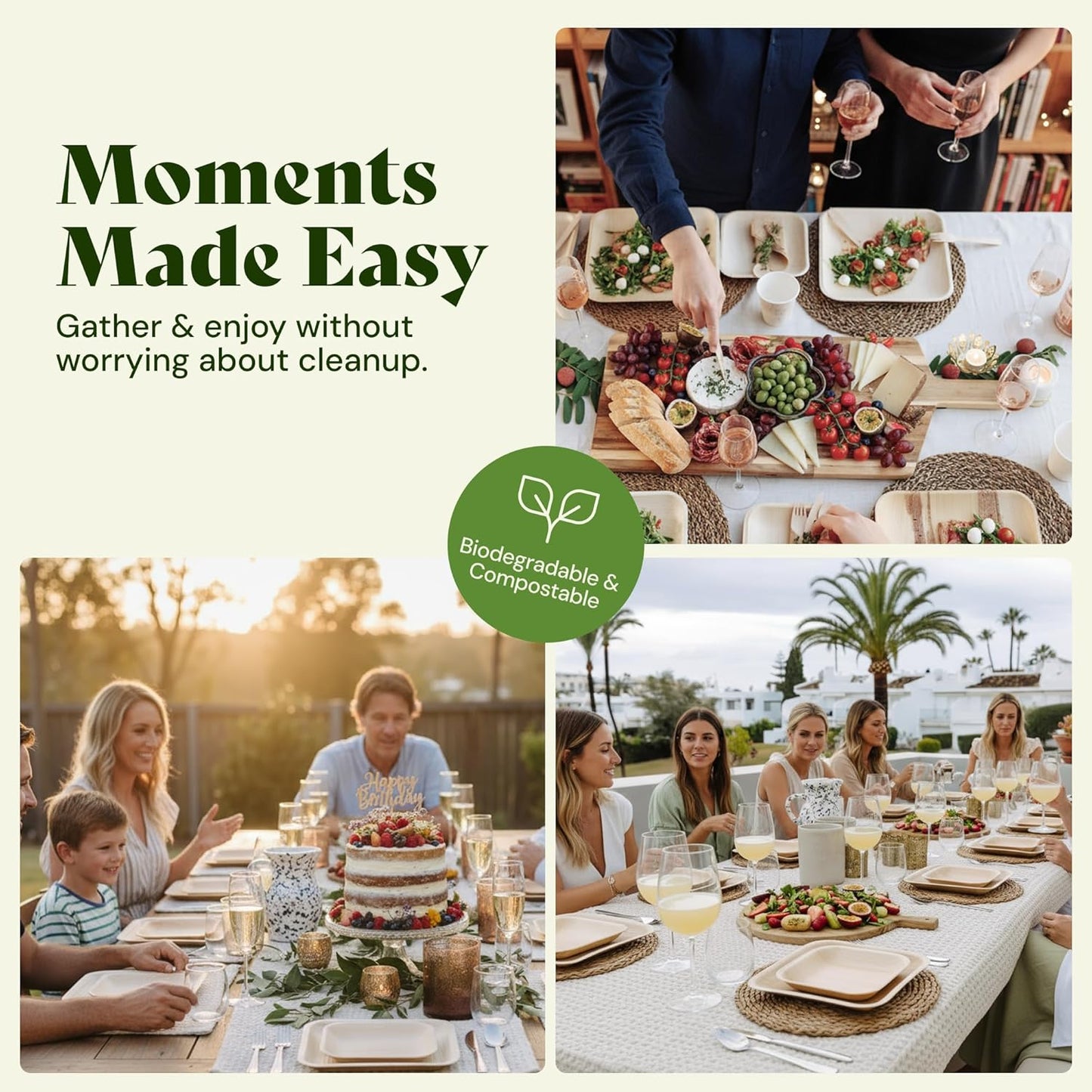 Chic Leaf Palm Leaf Disposable Bamboo Plates - Square Party Plates for Weddings, Parties, Event Appetizers - Biodegradable & Compostable - Party Supplies (8", 20 Pack)