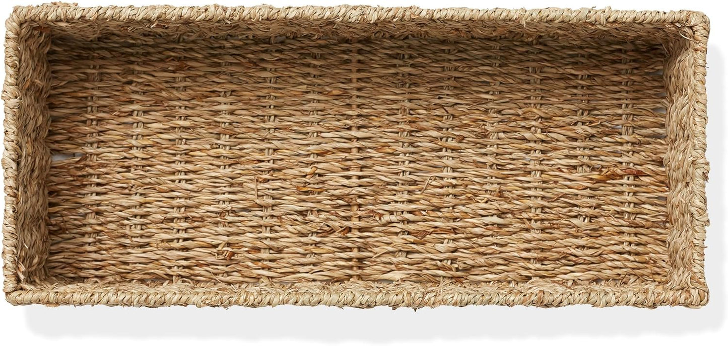 Casafield Set of 2 Bathroom Storage Baskets, Natural - Seagrass, 16" W x 6.75" D x 4.25" H, Woven Toilet Tank Topper Bins for Organizing Tissues, Toilet Paper, Toiletries, Shelves