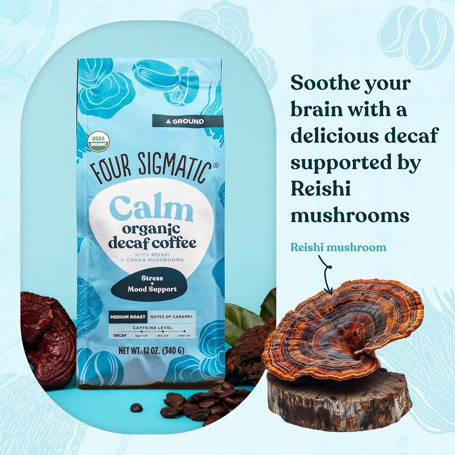 Four Sigmatic Calm Organic Decaf Ground Coffee | Swiss Water Decaf Coffee with Chaga & Reishi Mushroom Extracts | 12oz Bag