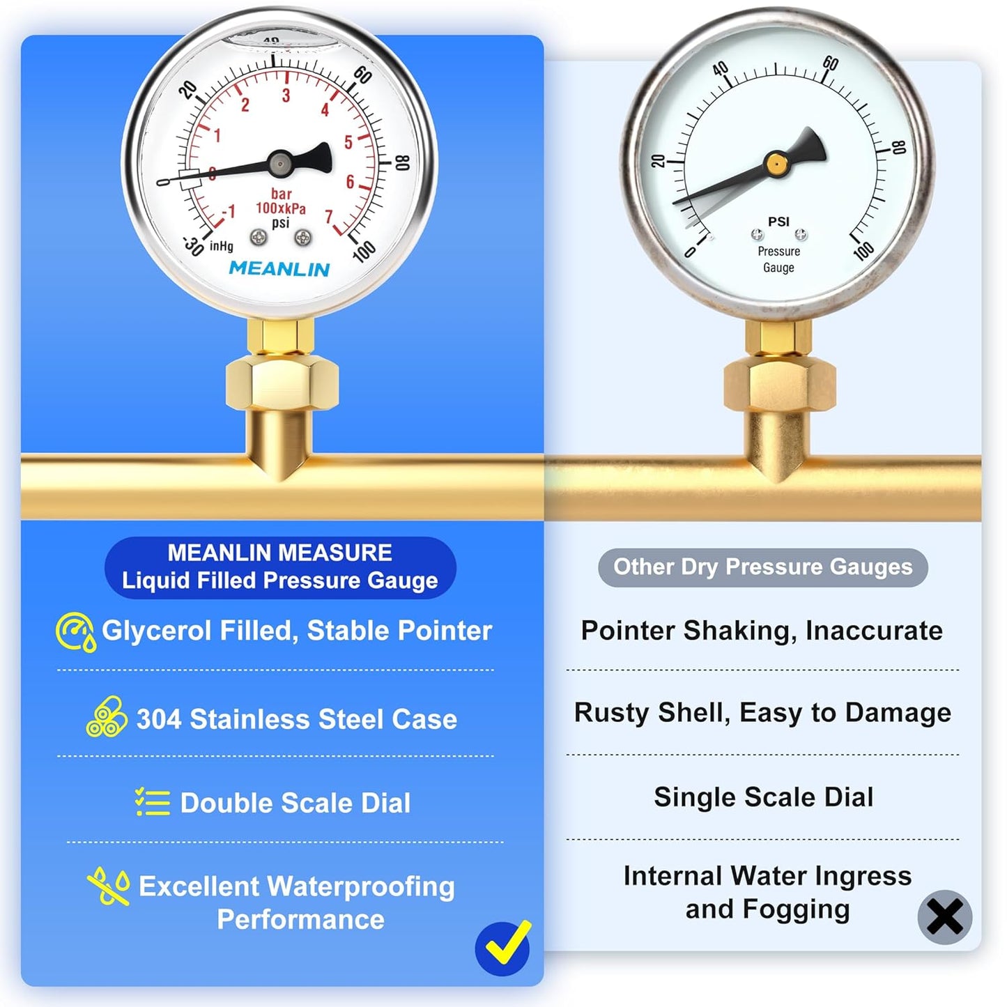MEANLIN MEASURE -30inHG~100Psi Stainless Steel 1/4" NPT 2.5" FACE DIAL Vacuum Pressure Gauge, Lower Mount, with 1/4" x 1/2" NPT and 1/4" x 3/8" NPT Hex Bushing