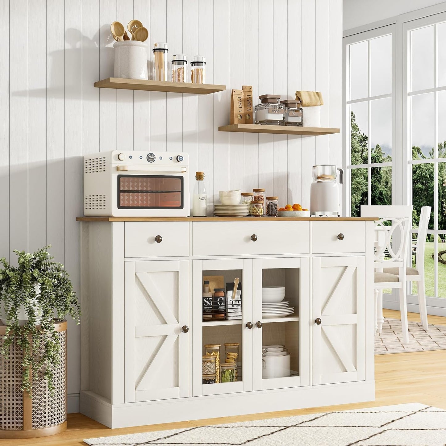 4 EVER WINNER 55" Buffet Cabinet with Storage, Farmhouse Coffee Bar Cabinet with Glass Doors and Drawers, Sideboard Cabinets with Adjustable Shelves for Living Room, Kitchen, White