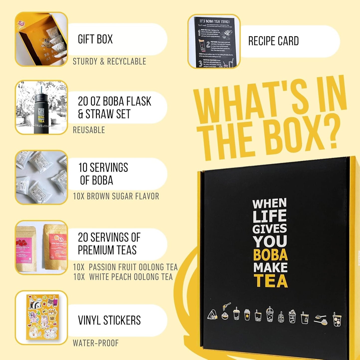 YUMBUCHA Boba Kit Set - DIY Bubble Tea - 20 Drinks - Reusable Stainless Steel Flask & Straw, Brown Sugar Tapioca Pearls - Exquisite Loose Leaf Teabags - Strawberry Oolong and White Peach Oolong Tea