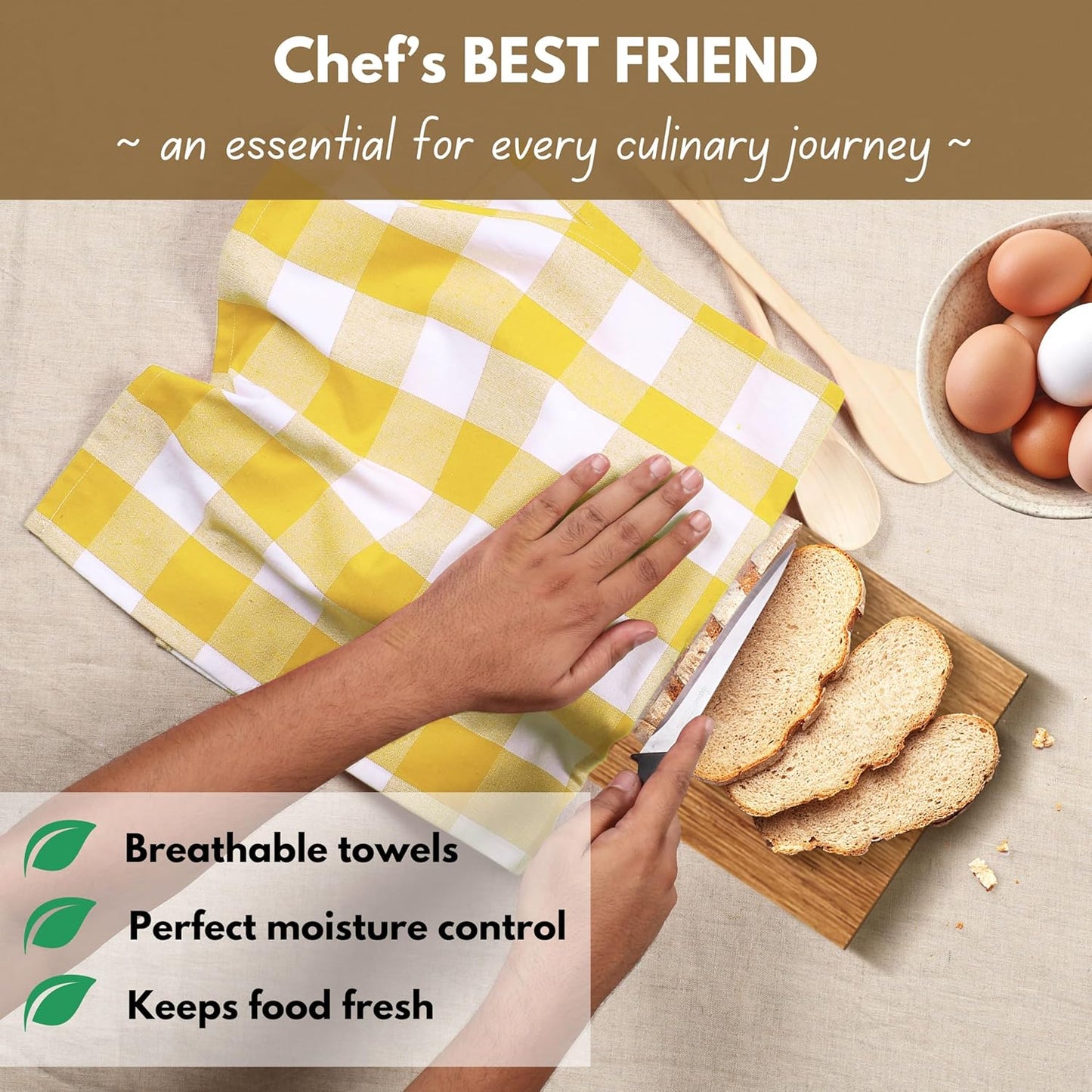 Native Fab Yellow Buffalo Dish Towel 16"x26", Set of 12 - Cotton Plaid Towels, Soft Absorbent Dishcloths with Hanging Loop, Kitchen Towels for Quick Drying - Yellow White