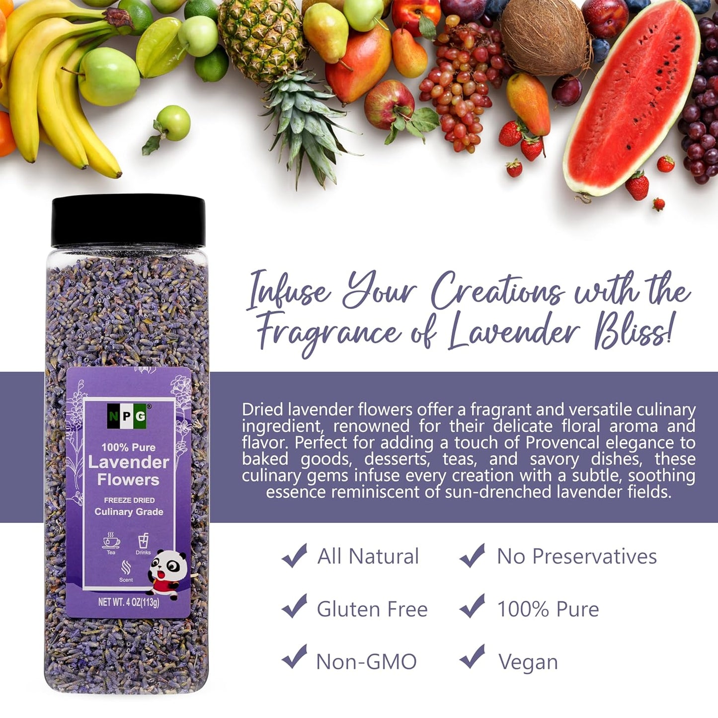 NPG Freeze Dried Lavender Flowers 4 Oz, Culinary Grade Lavender Buds for Tea, Baking, DIY Soap, Candle Making, Potpourri, Natural Fragrance Sachets, All-Natural, Non-GMO, Gluten-Free