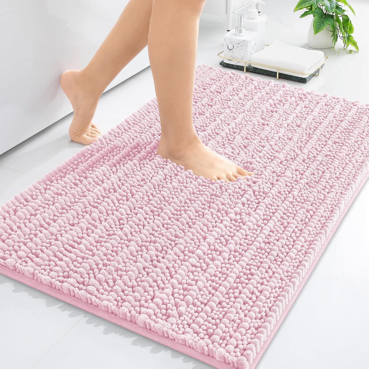 Arotive Luxury Chenille Bathroom Rug Mat, Extra Soft Thick Absorbent Shaggy Bath Rugs, Non-Slip Machine Wash Dry, Plush Bath Mats for Bathroom, Shower and Tub, 30x17, Pink