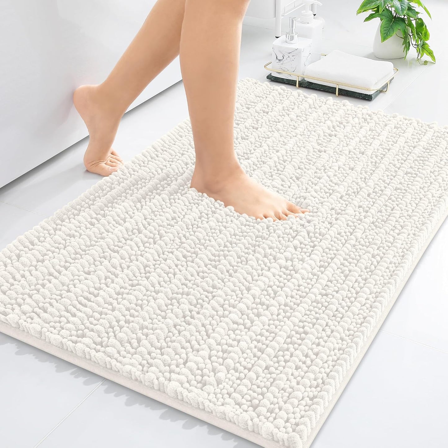 Arotive Luxury Chenille Bathroom Rug Mat, Extra Soft Thick Absorbent Shaggy Bath Rugs, Non-Slip Machine Wash Dry, Plush Bath Mats for Bathroom, Shower and Tub, 30x17, Ivory