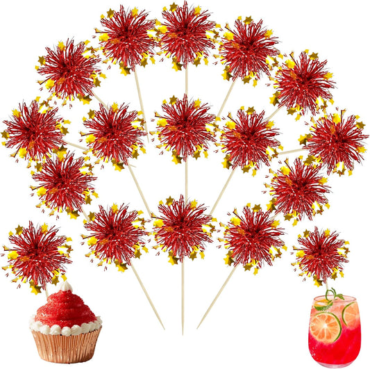 Ephlyn 30Pcs Foil Firework Cupcake Toppers Party Birthday Cake Toppers Supplies Sparkle Tinsel Cocktail Fruit Toothpick for Birthday Wedding Graduation Party Red