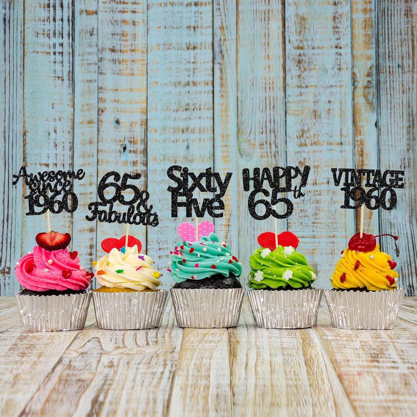 Gyufise 30 Pack Gold Glitter 65th Birthday Cupcake Toppers Vintage 1960 Cake Toppers Hello 65 Cake Topper Sixty Five 65 & Fabulous Cupcake Picks 65th Birthday Cake Decorations Supplies