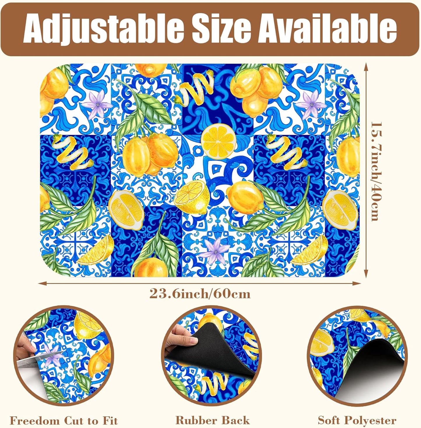 Lemon and Blue Tile Dish Drying Mat for Kitchen Counter Coffee Mat Hide Stain Absorbent Rubber Backed Dish Drainer Rack Pad Espresso Machine Coffee Bar Accessories 15.7 x 23.6 Inch