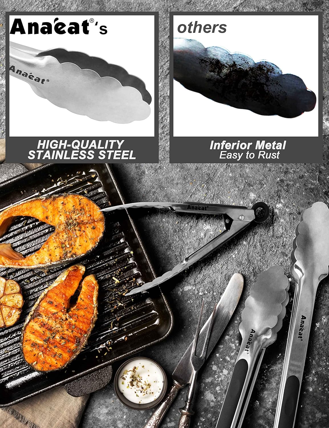 Anaeat 3 Pack 7" Mini Stainless Steel Cooking Tongs - Sturdy Coiled Spring Locking Kitchen Food Tong with Non-Slip Silicone Grip for Serving, Cooking, Baking - Heat Resistant up to 480°F (Black)