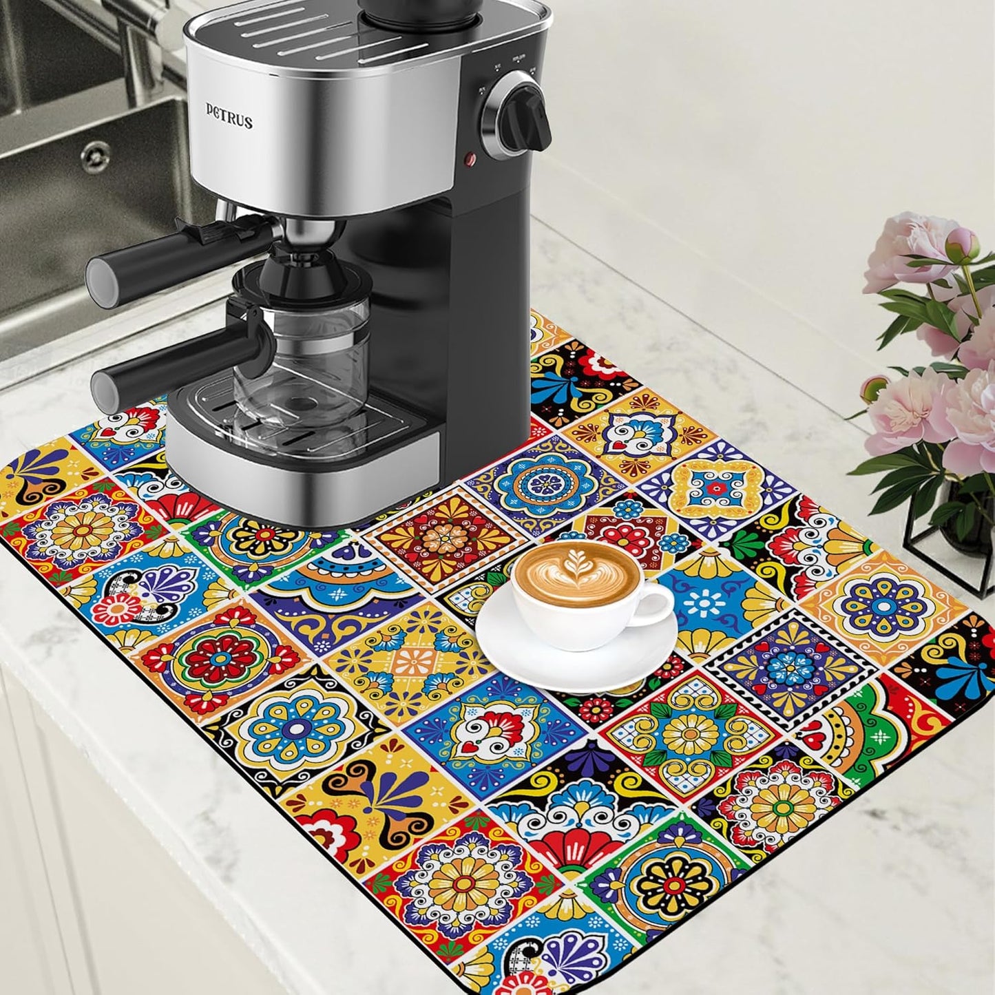 Talavera Mexican Tiles Dish Drying Mat for Kitchen Counter Bar Mat Hide Stain Absorbent Rubber Backed Coffee Mat Maker Espresso Machine Bar Accessories 15.7 x 23.6 Inch