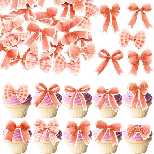 Gyufise 50Pcs Edible Red Bowknot Cupcake Toppers Wafer Paper Bowknot Cake Dessert Picks Baby Shower Princess Cupcake Toppers for Birthday Party Decoration Supplies