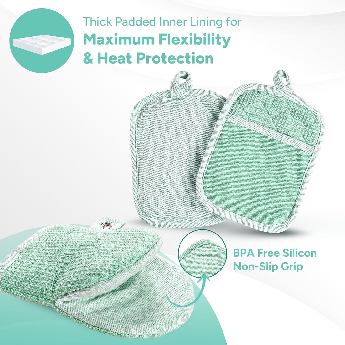 Casa Platino Heat Resistant Oven Mitts & Pot Holders, 4-Piece – Oven Mitt for Baking & BBQ, Potholders for Kitchens – Withstands Heat Up to 500°F, Soft, Durable & Non-Slip – Sage