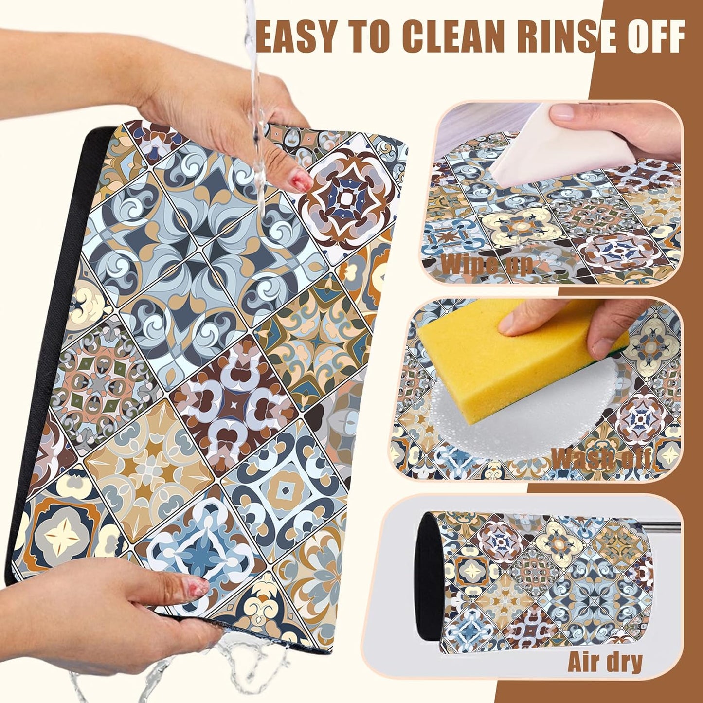 Retro Colorful Tiles Dish Drying Mat for Kitchen Counter Floral Coffee Mat Hide Stain Absorbent Drying Rack Pad with Rubber Backed Espresso Machine Coffee Bar Accessories 11.8 x 19.7 Inch