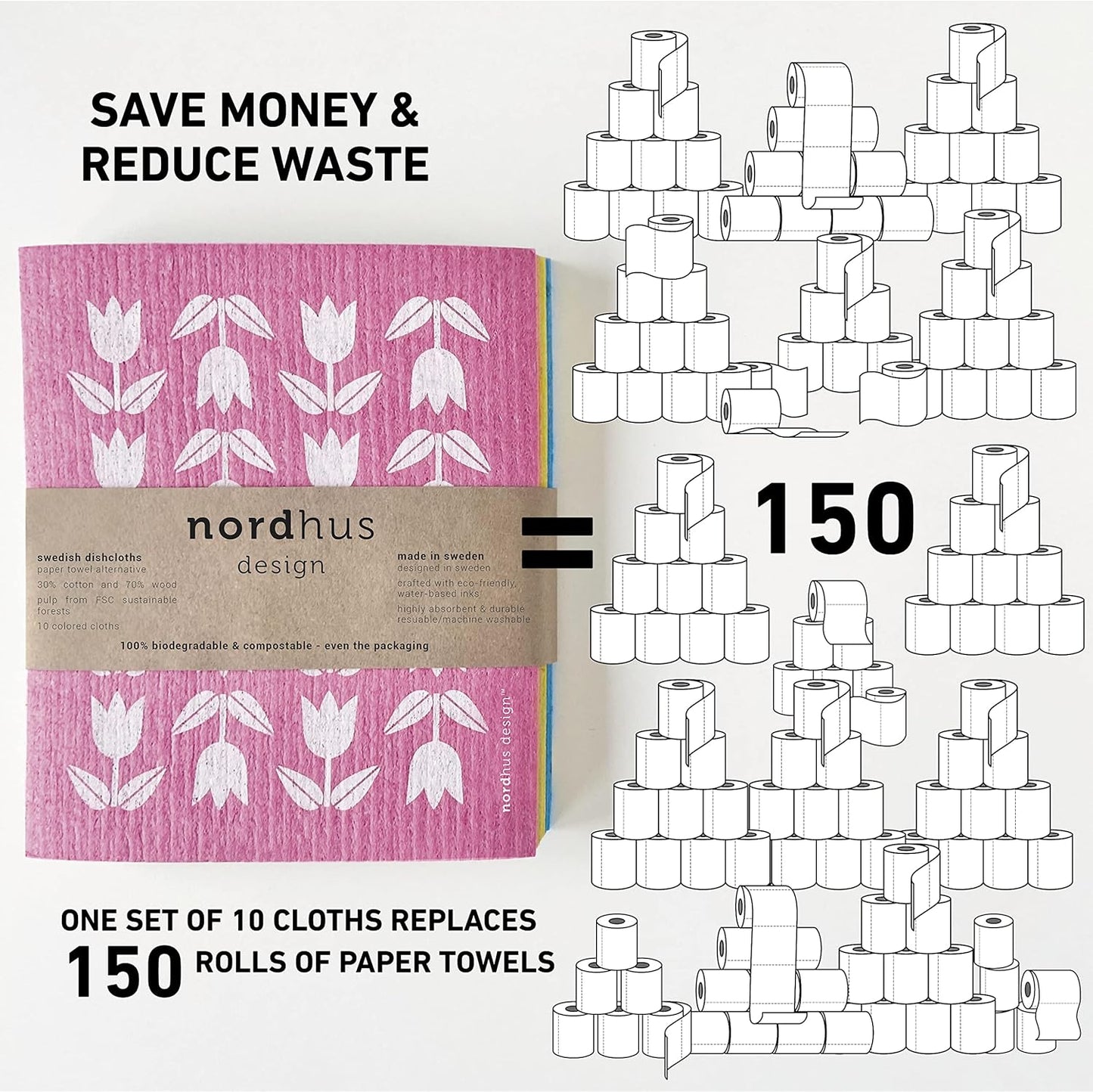 Nordhus Design Swedish Dishcloths,10 Cloths, Made in Sweden - Reusable, Washable Cellulose Cotton Kitchen Cloths - Replace Paper Towels, Wipes, Sponges, Dish Rags