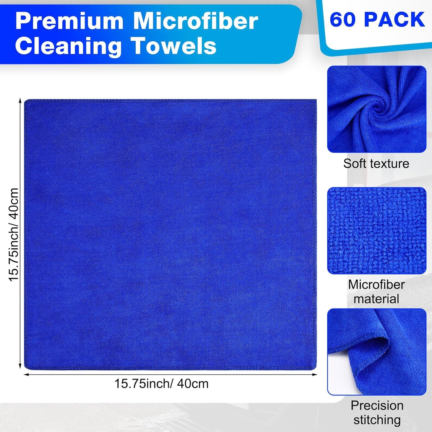 Nuenen Microfiber Cleaning Cloths for Cars 16 x 16 Inch Ultra Absorbent Car Towels Drying Reusable Cleaning Supplies House Kitchen Window Microfiber Towel(Blue,60 Count)