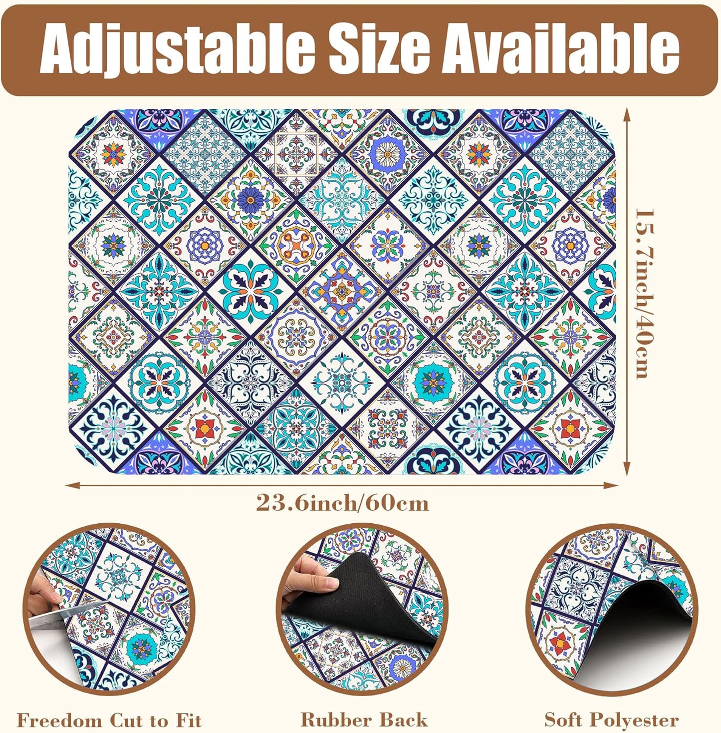 Colorful Tiles Dish Drying Mat for Kitchen Counter Hide Stain Absorbent Coffee Bar Mat Non-Slip Rubber Backed Drying Rack Pad Coffee Pot Espresso Machine Table Accessories 15.7 x 23.6 Inch