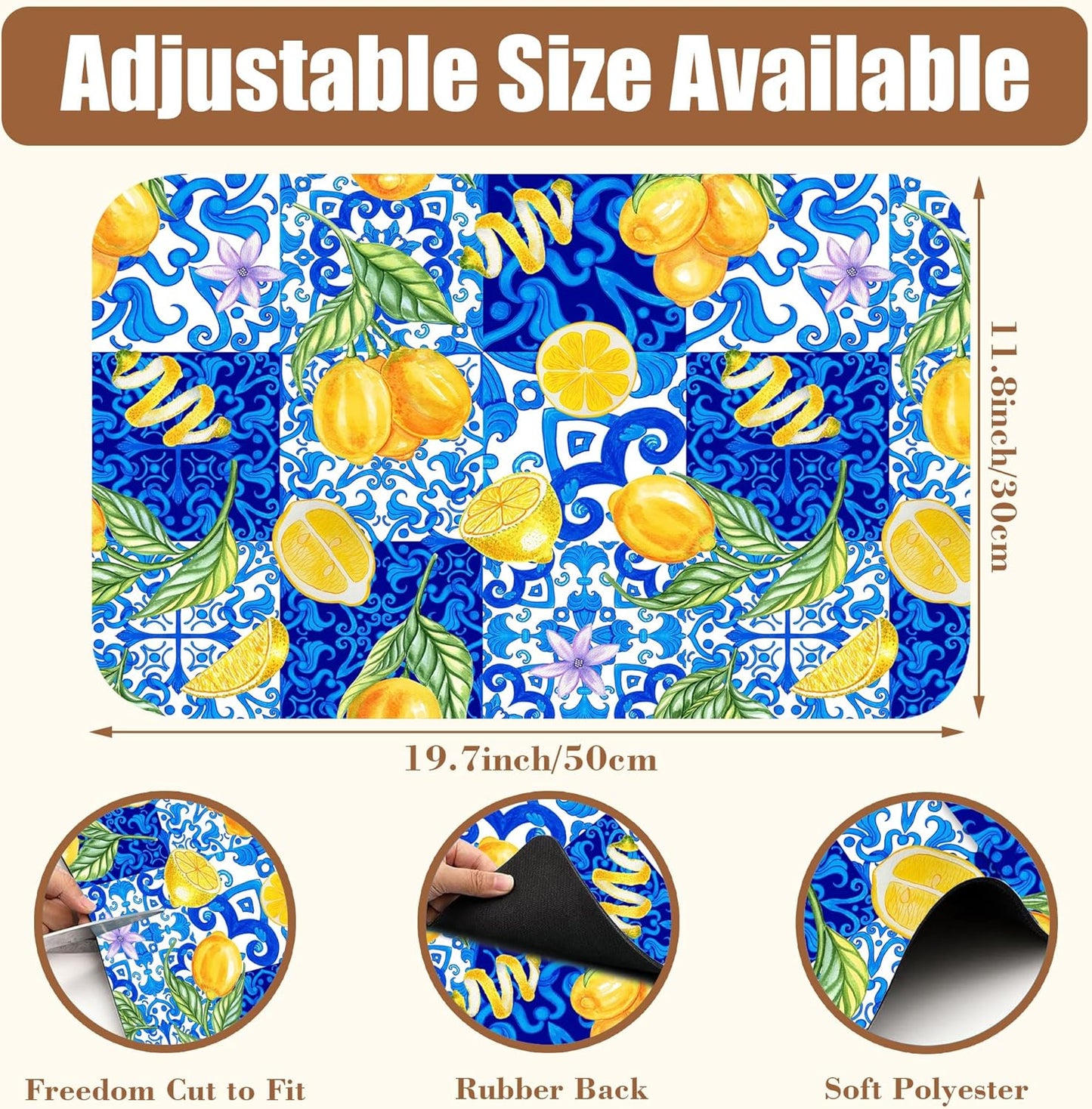 Lemon and Blue Tile Dish Drying Mat for Kitchen Counter Coffee Bar Mat Hide Stain Absorbent Rubber Backed Drying Rack Pad Espresso Machine Coffee Bar Accessories 11.8 x 19.7 Inch