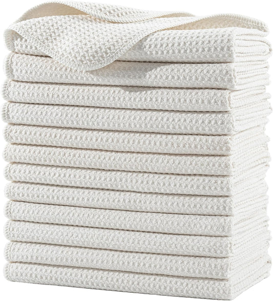 POLYTE Premium Microfiber Kitchen Dish Hand Towel Waffle Weave 12 Pack (16x28 in, Off White)