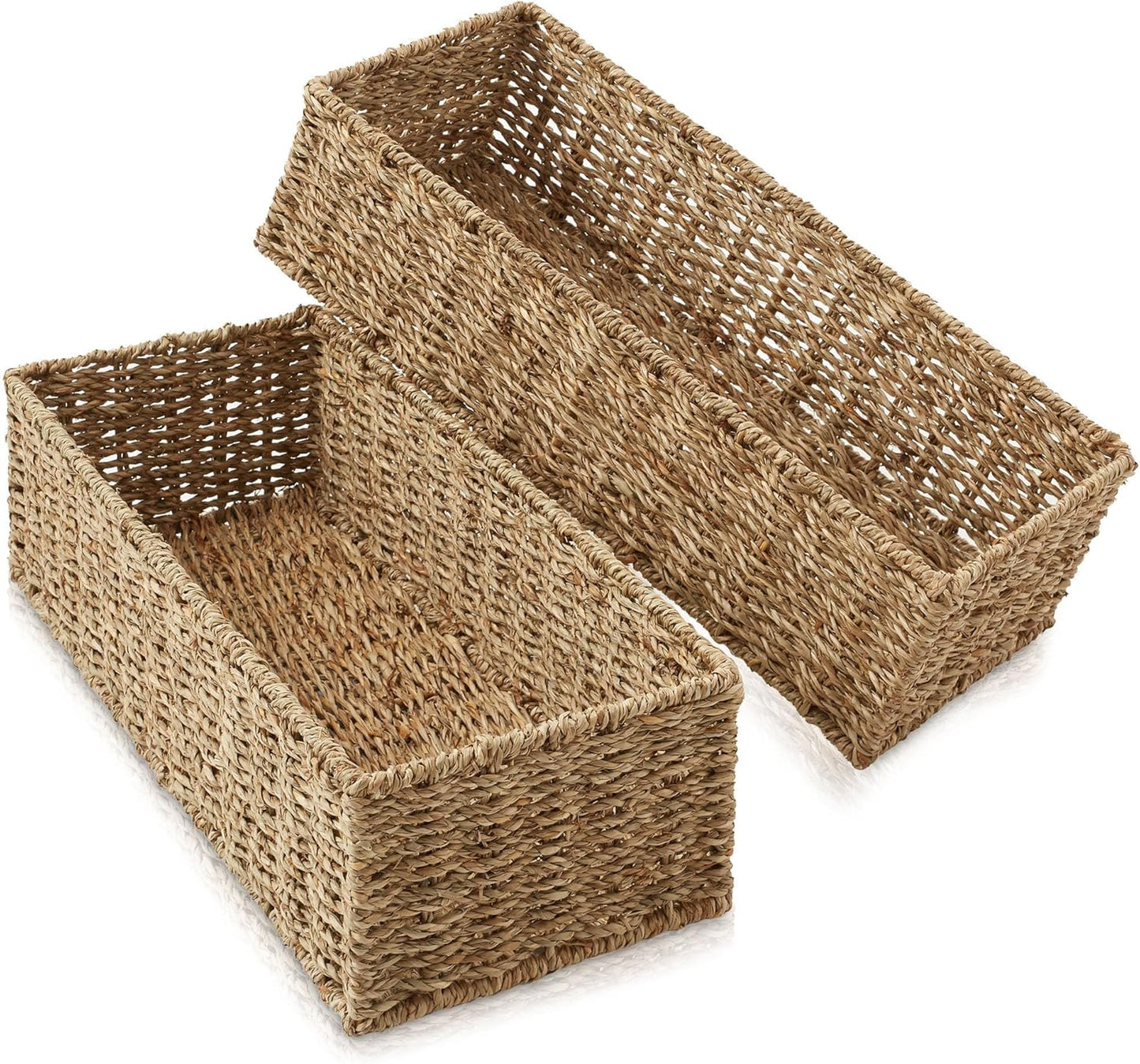 Casafield Set of 2 Bathroom Storage Baskets, Natural - Seagrass, 16" W x 6.75" D x 4.25" H, Woven Toilet Tank Topper Bins for Organizing Tissues, Toilet Paper, Toiletries, Shelves