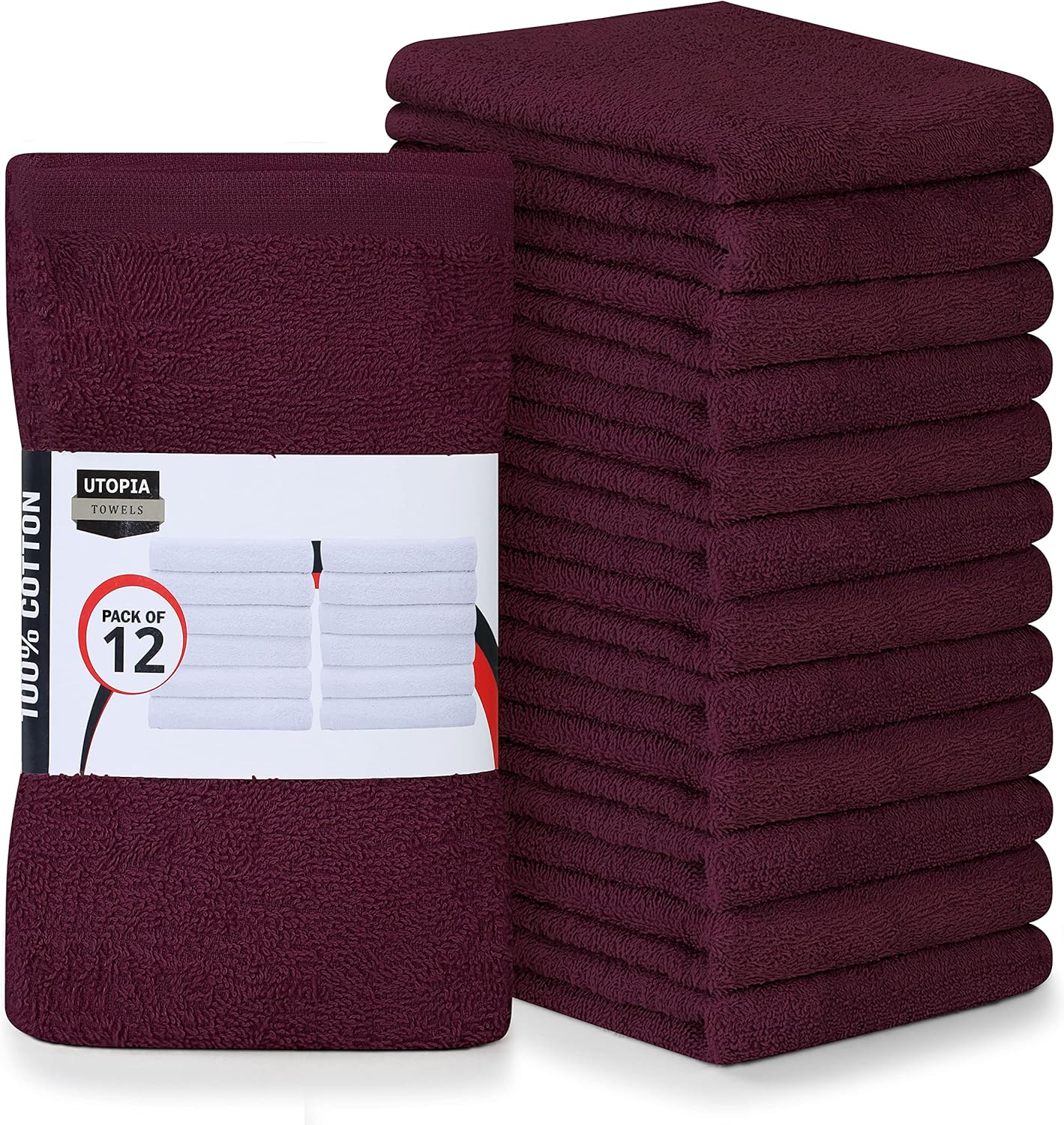 Utopia Towels Kitchen Bar Mops, Pack of 12, 16 by 19 Inches, 100% Cotton Super Absorbent Burgundy Towels, Multi-Purpose Cleaning Towels for Home and Kitchen Bars