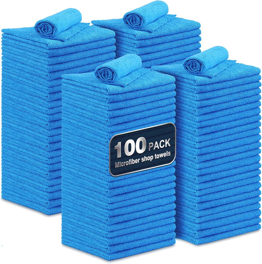 Shop Towels, 100 Pack Commercial Grade Work Rags Microfiber Towels for Cars Cleaning Rags Bulk Detailing Cloth for Automotive Bar Mechanic Restaurant Garage Housekeeping, 11.5"x 11.5", Blue