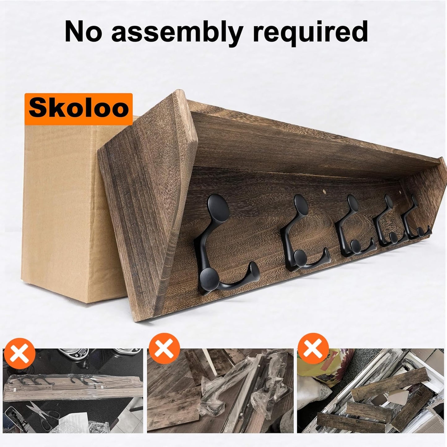 SKOLOO Wall Shelf with Hooks, 35-Inch Weathered Brown Coat Rack Wall Mount with Shelf Organizer - Lightweight & Sturdy, 5 Tri Hooks - Perfect for Entryway, Hallway, Living Room, Bedroom, Mudroom