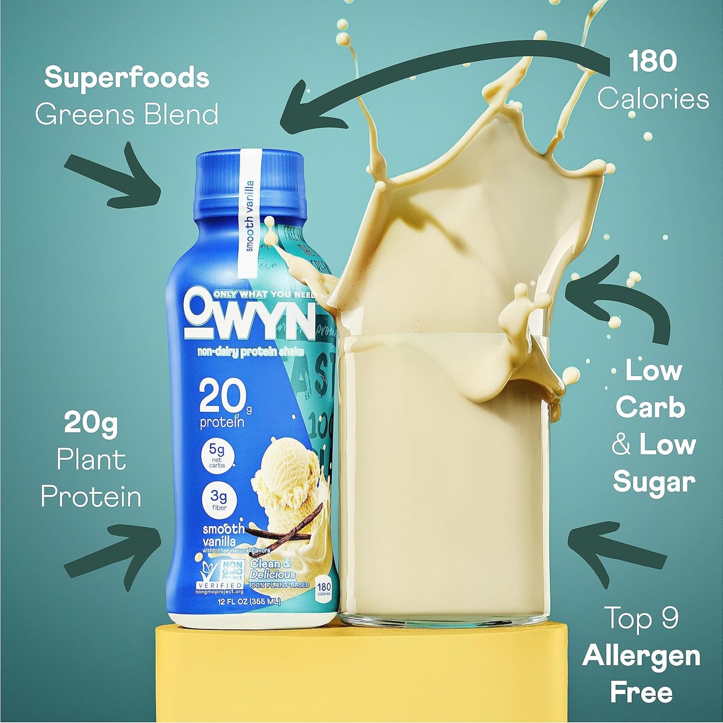 OWYN Only What You Need Plant Based Protein Shake, 20g Vegan Protein from Organic Pumpkin seed, Flax, Pea Blend, Prebiotic supplement, Superfood Greens, all-in-one nutrition, Gluten & Soy-Free (Vanilla, 12 Pack)