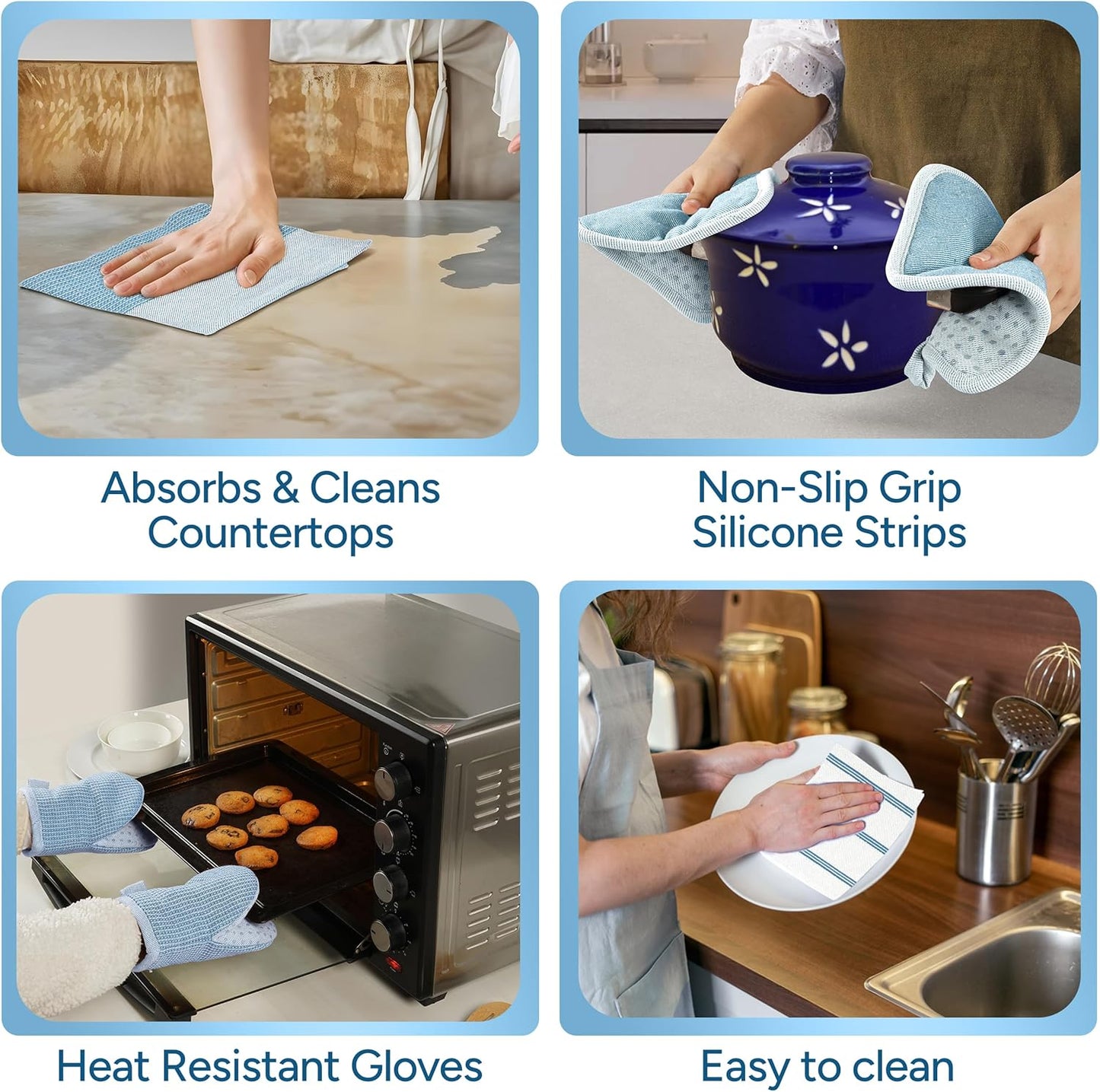 Casa Platino Silicone Oven Mitts Set, 8-Piece – 500°F Heat Resistant Mini Oven Mitt Set, Potholders for Kitchens, 2 Kitchen Towels & 2 Dish Cloths – Durable, Non-Slip & Machine Washable – Cornflower