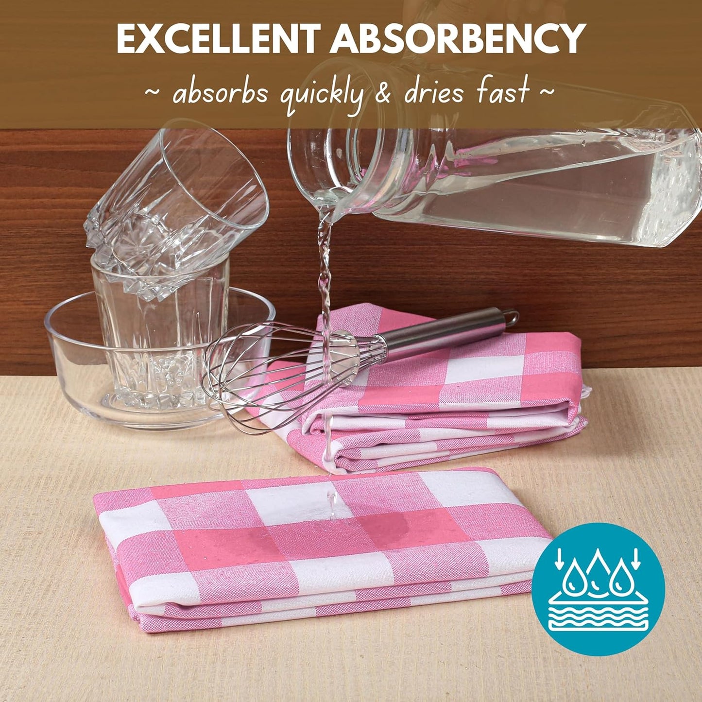 Native Fab Pink Checked Kitchen Towels 16"x26" - 6 Pack Buffalo Plaid Cotton Dish Towels - Absorbent Dishcloth Set, Soft Reusable Towel with Hanging Loop - Pink White