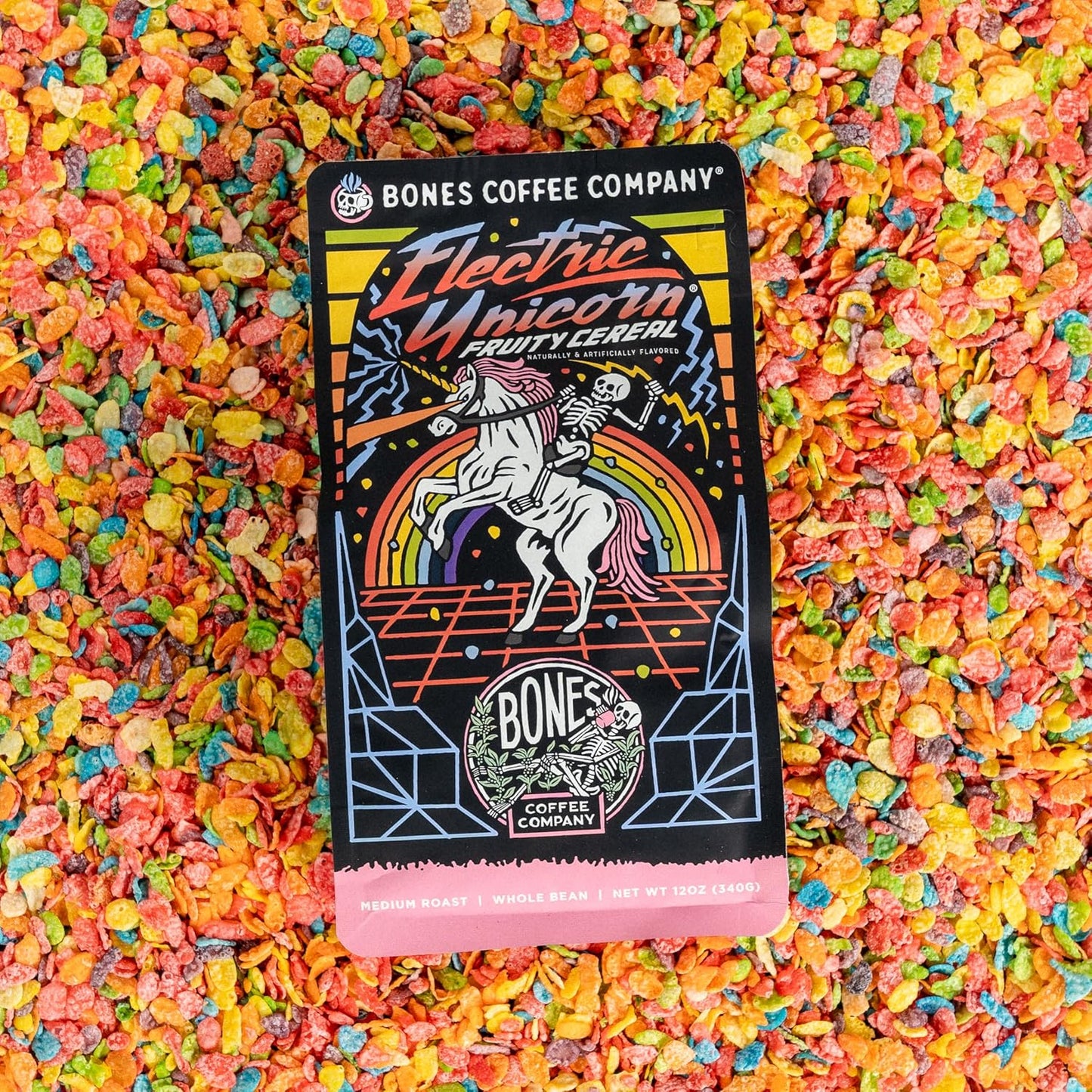 Bones Coffee Company Electric Unicorn, Fruity Cereal With Milk Flavored Coffee, Medium Roast Low Acid Arabica Beans Compatible with Auto drip and French Press Coffee Maker, 12 Oz Ground